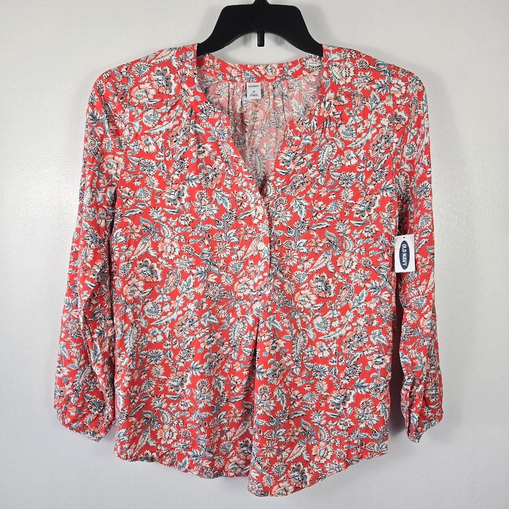 NEW Old Navy Red/Orange Paisley Floral Print Vibrant Bold Tunic Blouse Top XS